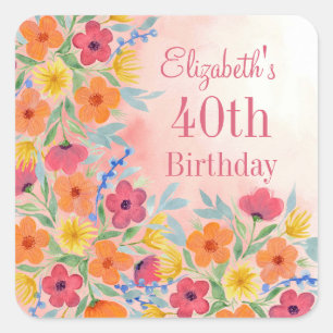 Sticker Carré Flores d'aquarelle rose Personnalisées Anniversair
