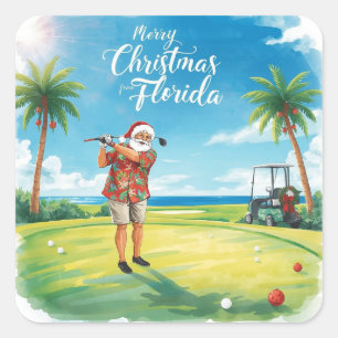 Sticker Carré Floride Golf Joyeux Noël avec le Père Noël