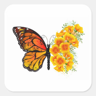 Sticker Carré Flower Butterfly with Yellow California Poppy