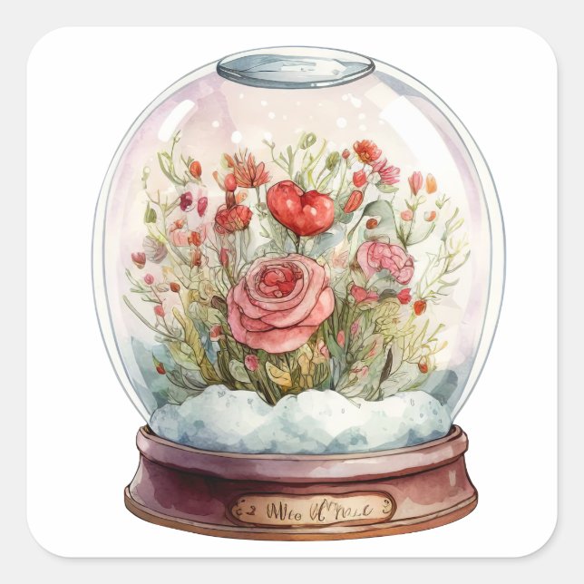Sticker Carré Flower Heart Snowglobe pour la Saint-Valentin (Devant)