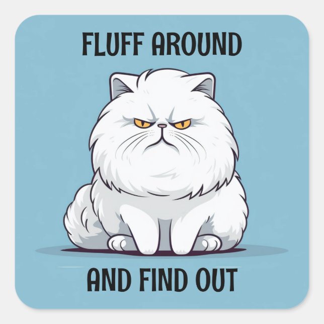 Sticker Carré Fluffez autour et découvrez Grumpy White Cat (Devant)