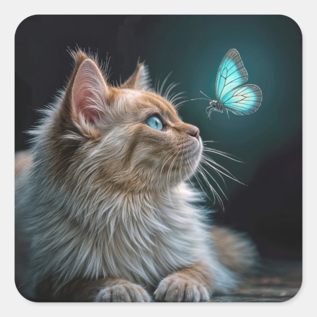Sticker Carré Fluffy Chat avec un Papillon Neon brillant (Devant)