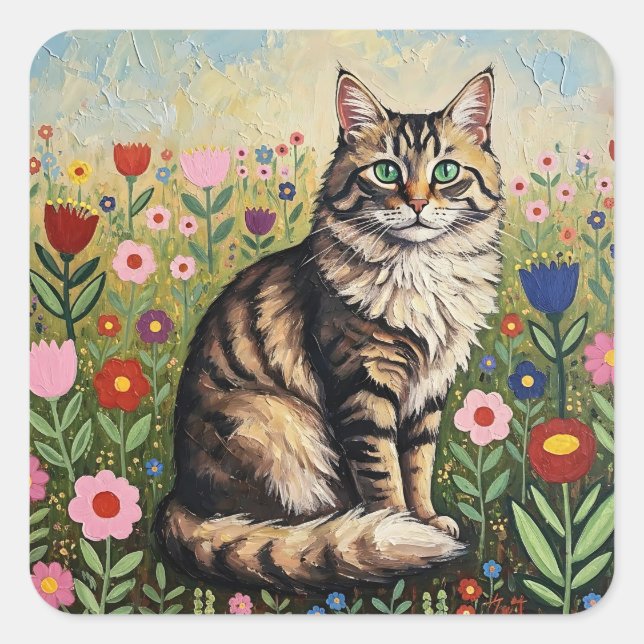 Sticker Carré Fluffy Gray Tabby Cat and Folk Art Flowers (Devant)