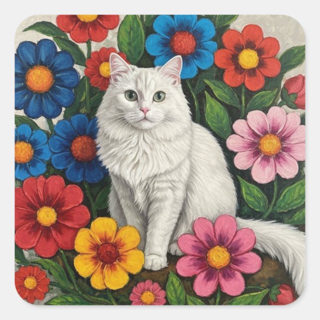 Sticker Carré Fluffy White Cat and Folk Art Flowers (Devant)