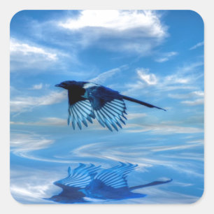 Sticker Carré Flying Blue Magpie & Reflet Sky