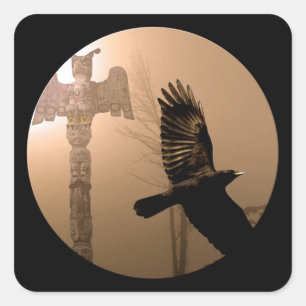 Sticker Carré Flying Crow Spirit & Totem Pole Sacred Art