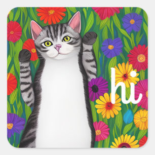 Sticker Carré Folk Art Colorful Chat et Fleurs disant Hi AI art