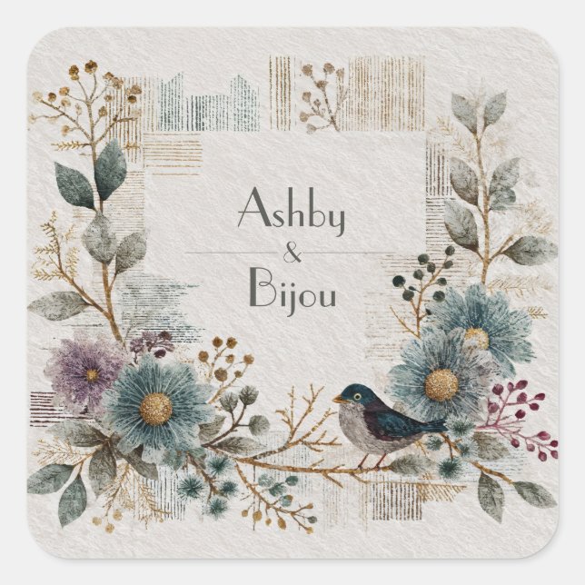 Sticker Carré Folk Art Floral Bird Mariage (Devant)
