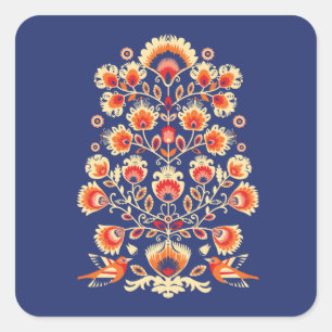 Sticker Carré 💙 💛 🧡 Folklore aux fleurs jaunes et aux oiseaux