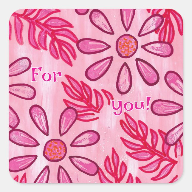 Sticker Carré For you, pink flower stickers, custom (Devant)