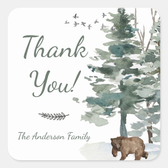 Sticker Carré Forest Adventure Boy Bear Baby shower Merci (Devant)