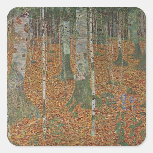 Sticker Carré Forêt de bouleau par Gustav Klimt, Art Nouveau Vin (Devant)