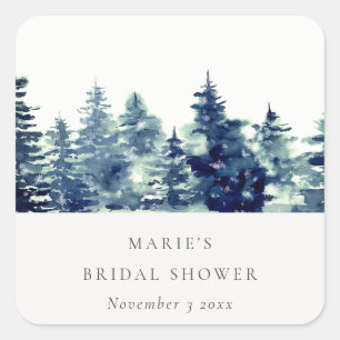 Sticker Carré Forêt de pins hivernale douche de mariée aquarelle