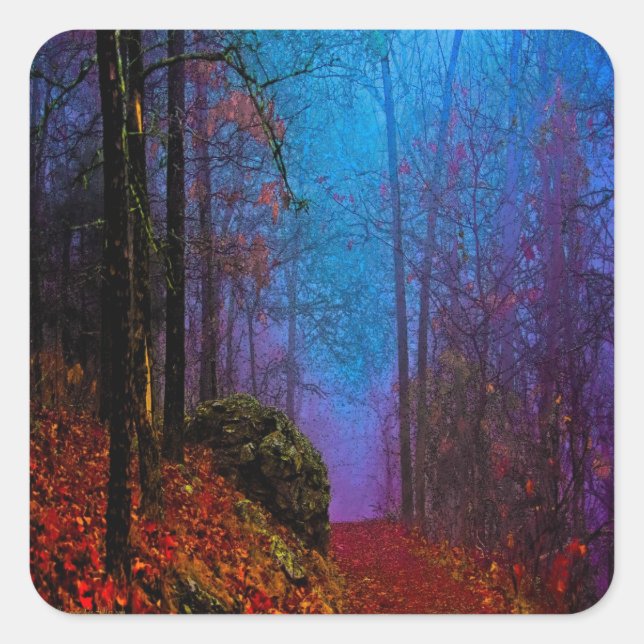 Sticker Carré Forêt peinte automne pourpre brouillard (Devant)