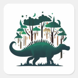Sticker Carré Forêt unique de Stegosaurus Dinosaur Vert