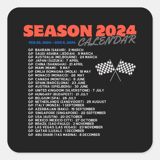 Sticker Carré Formule 1, saison 2024, calendrier des grands prix (Devant)