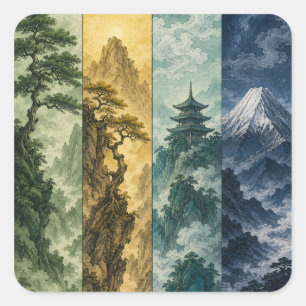 Sticker Carré Four Seasons Mountain Paysage à l'encre japonais