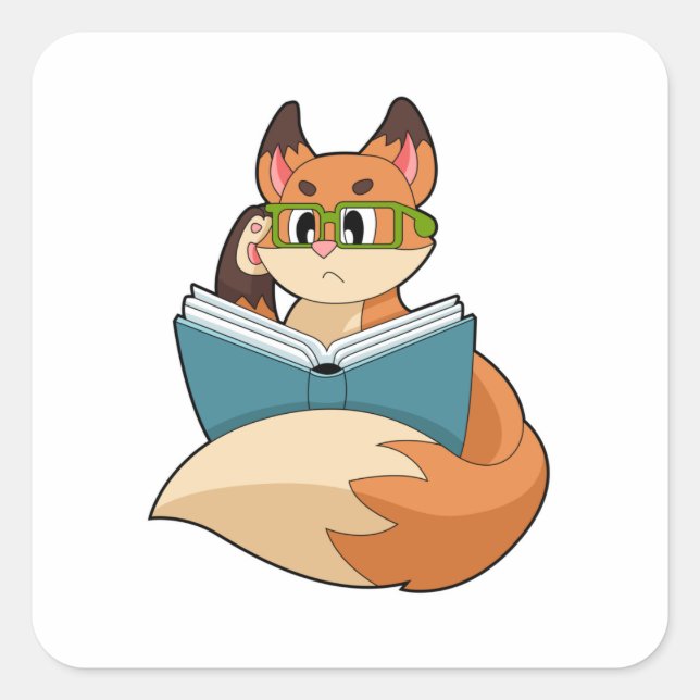 Sticker Carré Fox as nerd with Book & Glasses (Devant)