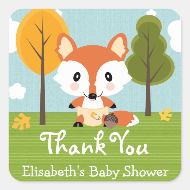 STICKER CARRÉ FOX DANS DIAPERS BABY SHOWER MERCI (Devant)