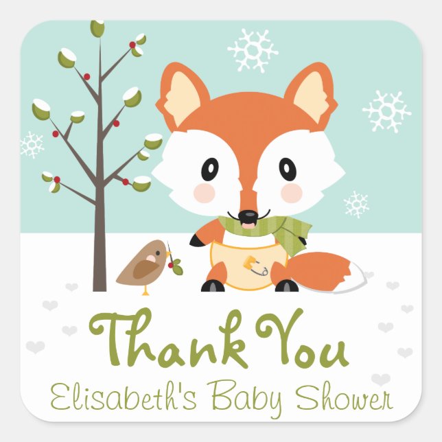STICKER CARRÉ FOX HIVER EN DIAPER MERCI BABY SHOWER (Devant)