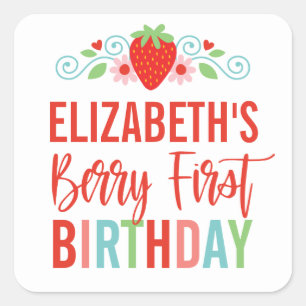 Sticker Carré Fraise Berry Première Fille Anniversaire