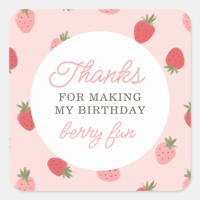 Sticker Carré Fraise rose Merci d'anniversaire (Devant)