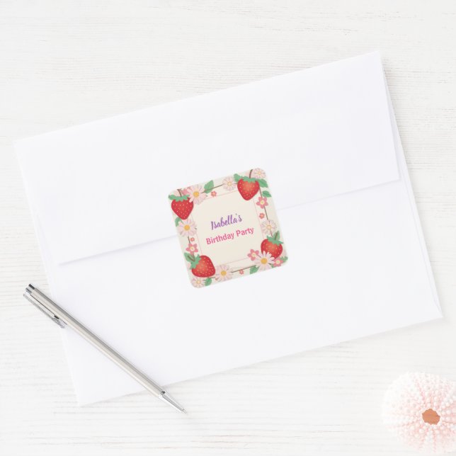 Sticker Carré Fraise rouge rose fête d'anniversaire pour enfants (Enveloppe)