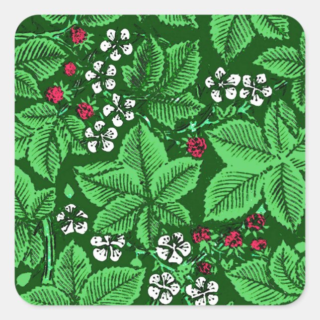 Sticker Carré Fraises et Feuilles Art Nouveau, Emerald Green (Devant)