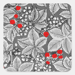 Sticker Carré Fraises et Feuilles Art Nouveau, gris argenté