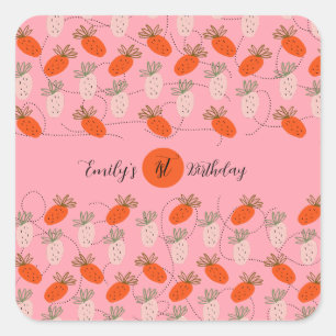Sticker Carré Fraises Rose Blanc Doodle Anniversaire