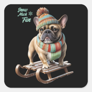 Sticker Carré Französische Bulldogge Schlittenfahrt