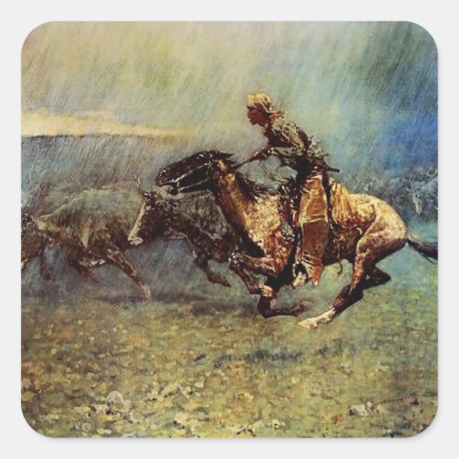 Sticker Carré Frederick Remington Art Occidental "Le Stampede" (Devant)