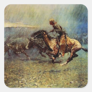 Sticker Carré Frederick Remington Art Occidental "Le Stampede"
