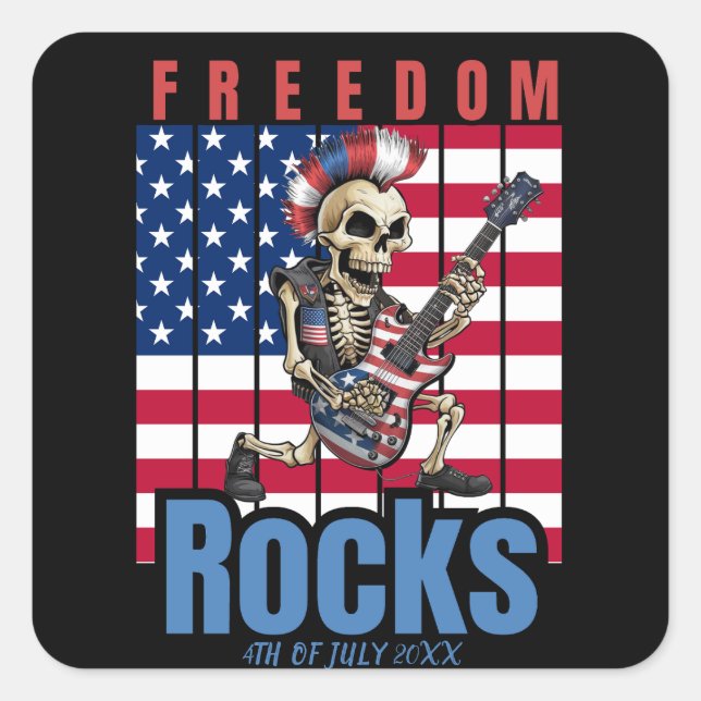 Sticker Carré Freedom Rocks Squelette avec guitare drapeau améri (Devant)