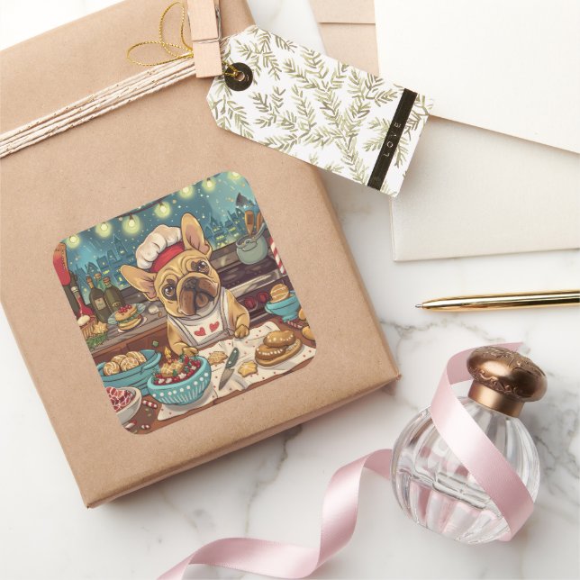 Sticker Carré French Bulldog Holiday Baking : Noël festif (Cadeaux)