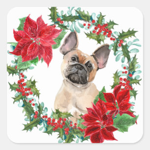 Sticker Carré French Bulldog Poinsettia Christmas Wreath