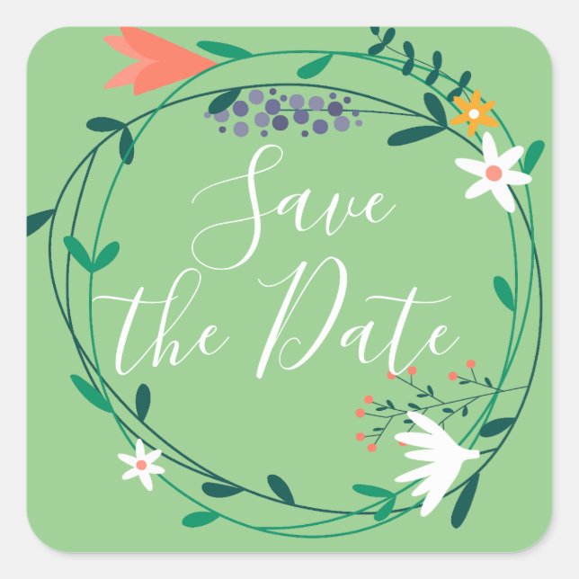 Sticker Carré Fresh Spring Floral Garland Enregistrer la date (Devant)
