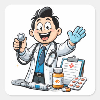 Sticker Carré Friendly Doctor Mascot Medical Cartoon Design
