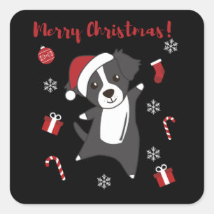 Sticker Carré Frontière Collie Chien de Noël Animaux d'hiver Chi