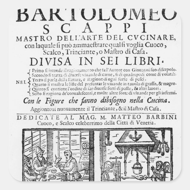 Sticker Carré Frontispiece à cuisiner livre de Bartolomeo Scappi (Devant)