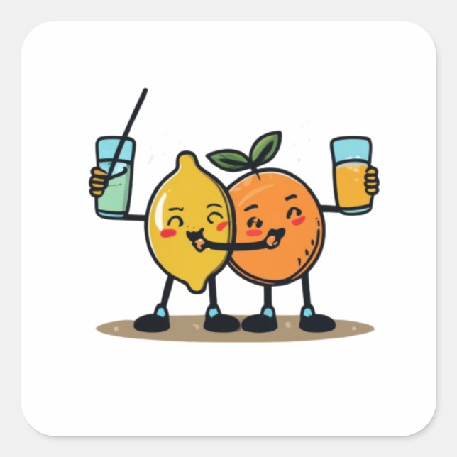 Sticker Carré Fruits Drôle Orange Et Citron Boire Jus Toget (Devant)