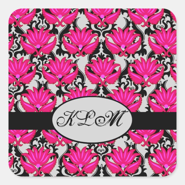 Sticker Carré Fuchsia rose noir gris parisien Damask Monogramme (Devant)
