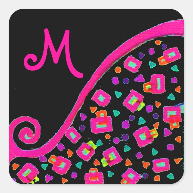 STICKER CARRÉ FUCHSIE ROSE NOIR DÉCO MONOGRAM ABSTRAIT (Devant)