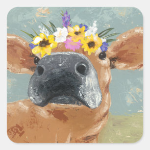 Sticker Carré Fun de ferme - Vache avec couronne de fleurs
