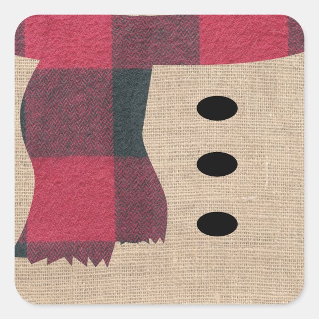 Sticker Carré Fun Farmhouse Burlap Snowman Plaid Scarf & Buttes (Devant)