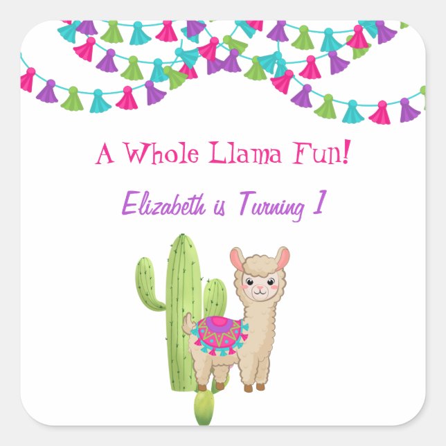 Sticker Carré Fun Llama entier rose violet Cactus enfant anniver (Devant)