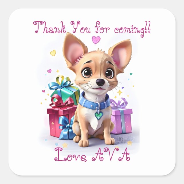 Sticker Carré Fun mignon fille Chihuahua fête d'anniversaire Fav (Devant)