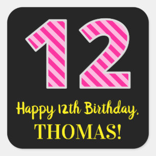 Sticker Carré Fun Pink Stripes "12" : Joyeux 12ème anniversaire 
