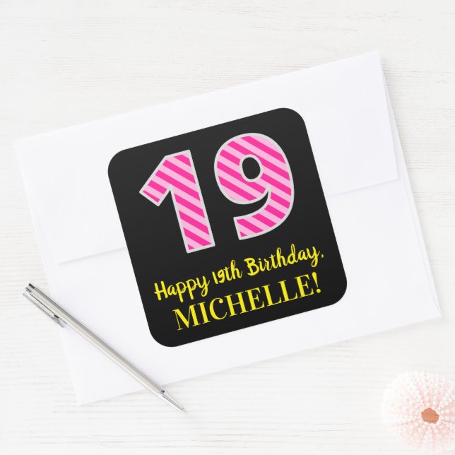 Sticker Carré Fun Pink Stripes "19" : Joyeux 19ème anniversaire  (Enveloppe)