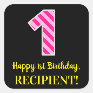 Sticker Carré Fun Pink Stripes "1" : Joyeux 1er Anniversaire + N